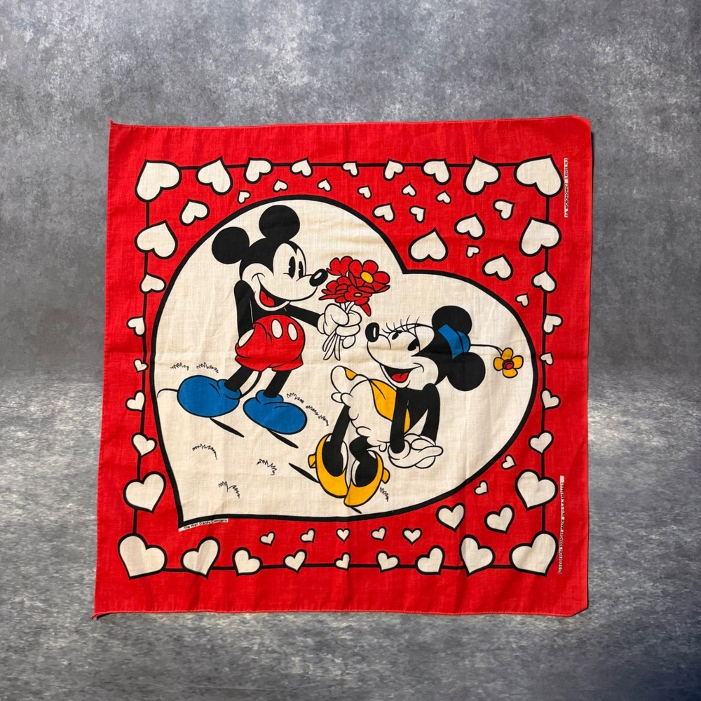 Vtg 80s Disney Mickey Minnie Mouse Bandana Red Heart Valentine Woronowicz USA
